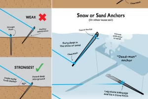Sand anchor diagram. To show how to stake into sand